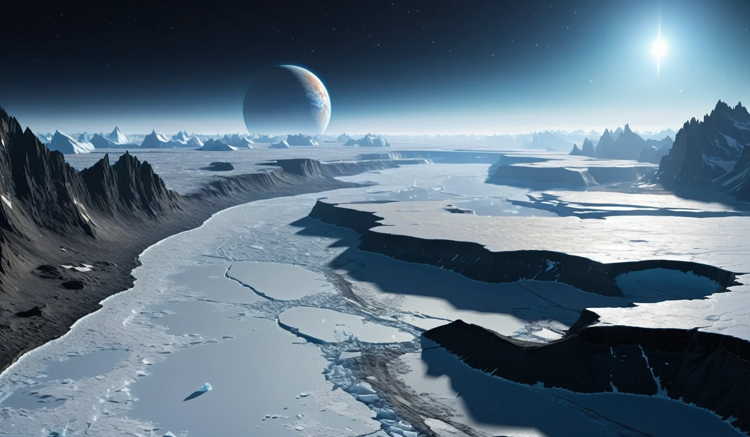 Looking out over the icy surface of this planet, The horizon is lit up by an alien satellite, The sky above the ice sheet is dark and starless, The scene should be cold and eerie., high resolution,image,,Very detailed,((best quality)), Ultra-high resolution, (Practical:1.4),Intricate details