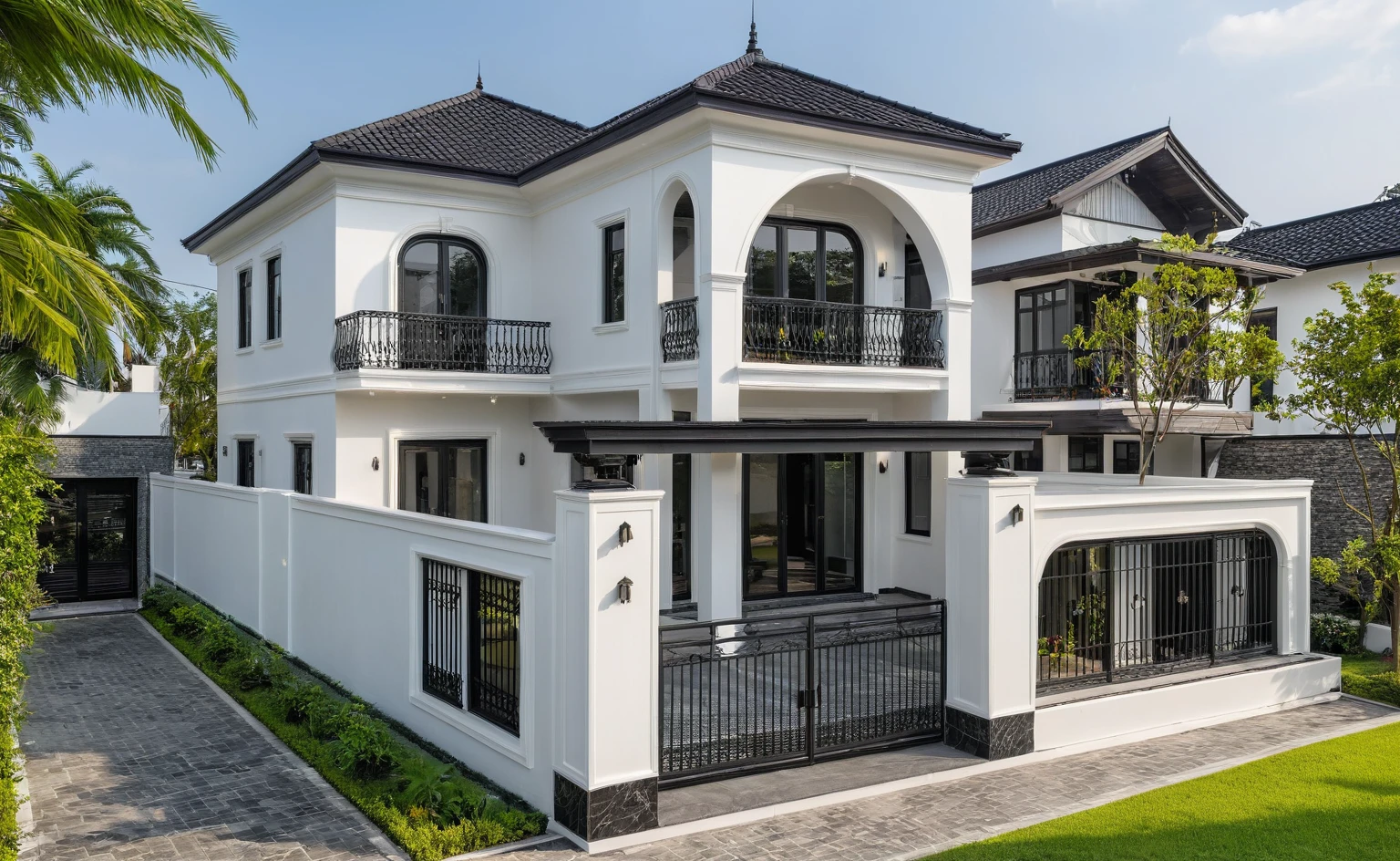 (masterpiece:1.2), best quality, photo of A two-story modern house in VietNam with white walls and dark tiles on the roof., tree and plant environment,black detail and (wooden ceiling:1.2), daylight, streetcapes, natural light, vivid color, The exterior of an elegant single family home features large windows, a dark gray door frame.