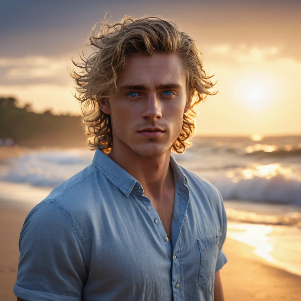A beautiful young man, detailed facial features, piercing blue eyes, mesmerizing gaze, tousled hair, sun-kissed skin, standing on a sandy beach, warm golden hour lighting, ocean waves crashing in the background, cinematic, highly detailed, photorealistic, 8K, (best quality,4k,8k,highres,masterpiece:1.2),ultra-detailed,(realistic,photorealistic,photo-realistic:1.37),HDR,studio lighting,vivid colors,cinematic lighting