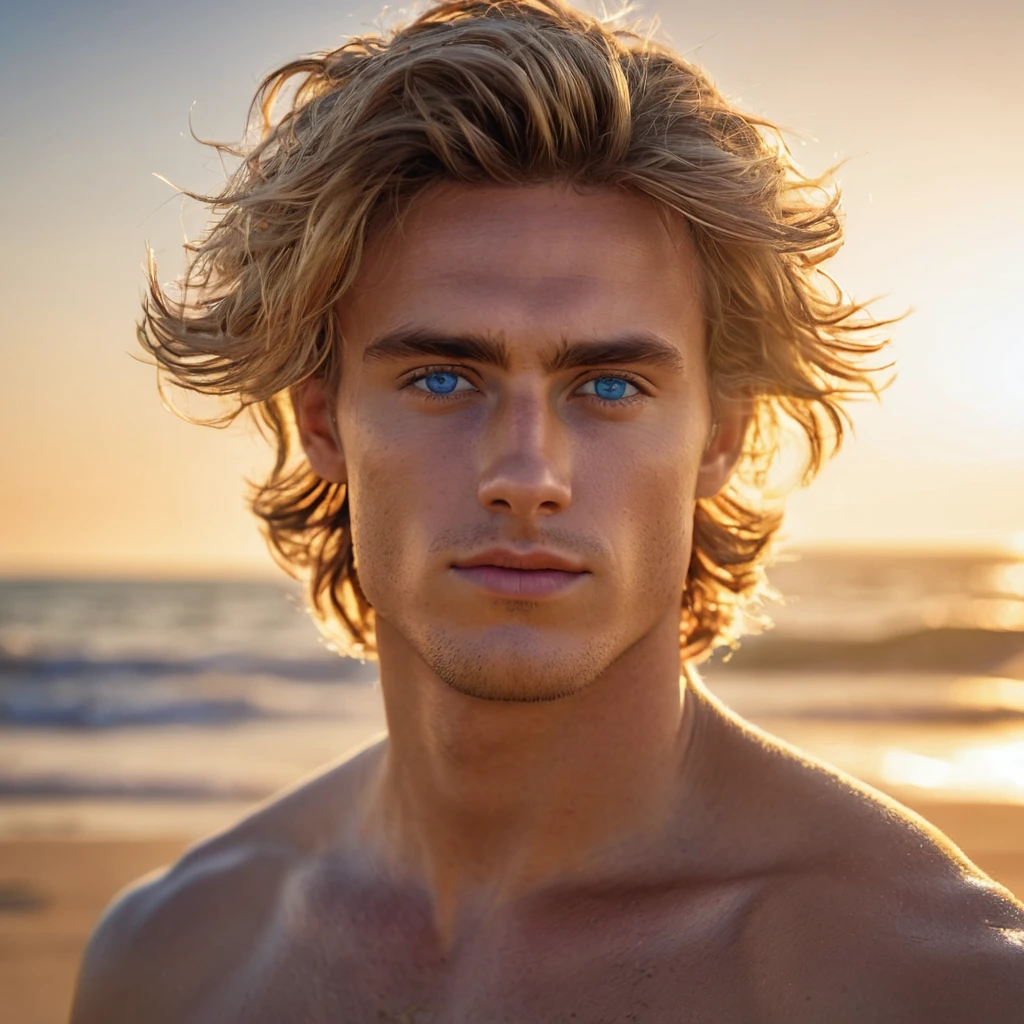 A beautiful young man, detailed facial features, piercing blue eyes, mesmerizing gaze, tousled hair, sun-kissed skin, standing on a sandy beach, warm golden hour lighting, ocean waves crashing in the background, cinematic, highly detailed, photorealistic, 8K, (best quality,4k,8k,highres,masterpiece:1.2),ultra-detailed,(realistic,photorealistic,photo-realistic:1.37),HDR,studio lighting,vivid colors,cinematic lighting