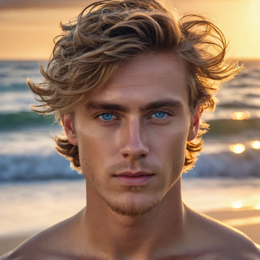 A beautiful young man, detailed facial features, piercing blue eyes, mesmerizing gaze, tousled hair, sun-kissed skin, standing on a sandy beach, warm golden hour lighting, ocean waves crashing in the background, cinematic, highly detailed, photorealistic, 8K, (best quality,4k,8k,highres,masterpiece:1.2),ultra-detailed,(realistic,photorealistic,photo-realistic:1.37),HDR,studio lighting,vivid colors,cinematic lighting