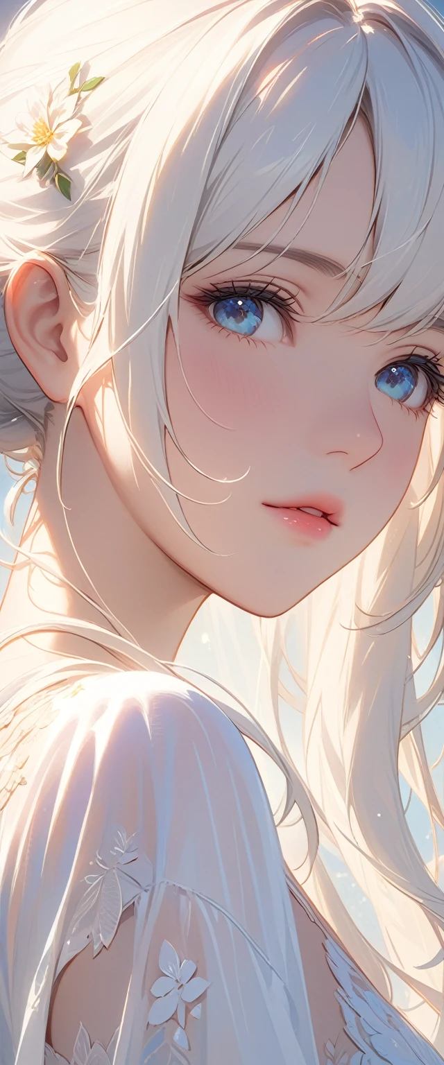 masterpiece, Top quality, Super Detail, 8K, Detail Light, Detailed shadows, Raw, (Delicate skin), (real: 1.2),, 1 girl, White hair, Eye close-up