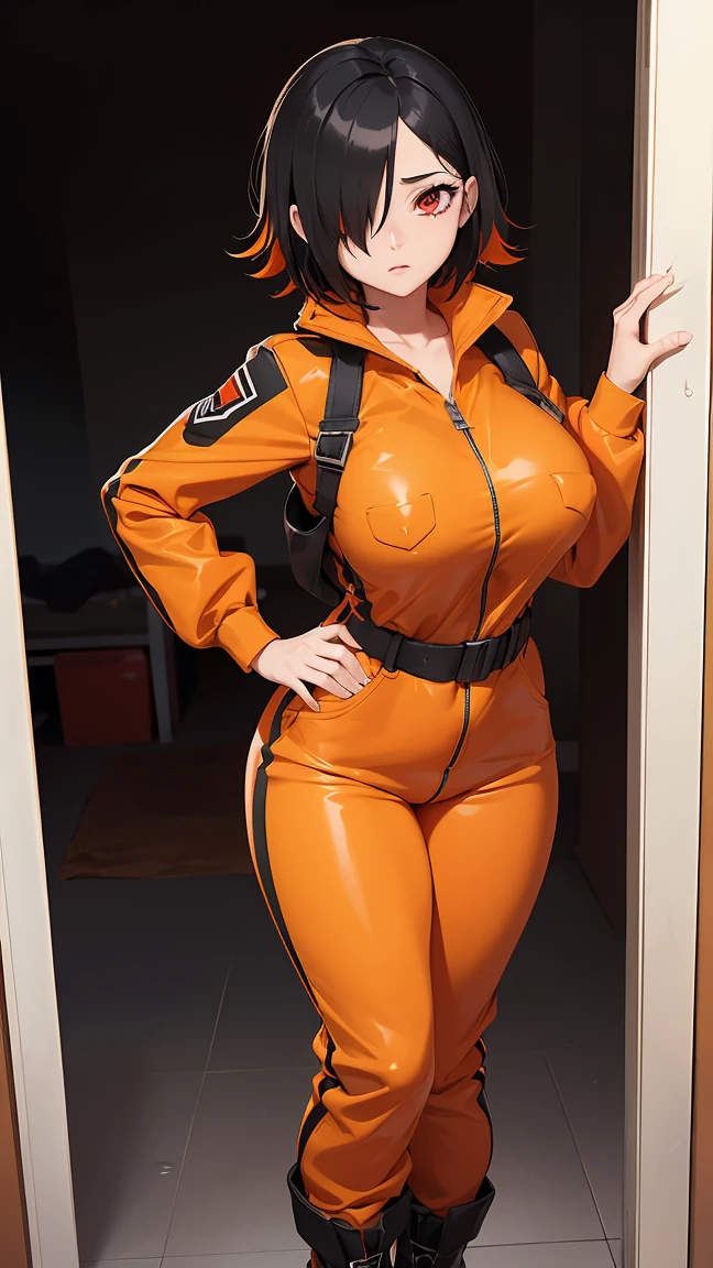 score_9, score_8_up, score_7_up, score_6_up, score_5_up, score_4_up,(Black Hair),(orange hidden highlights),(Red eyes),Gentle expression,(((Hair on one eye))),very big breasts,Erect nipples,Jumpsuit,open front,boots