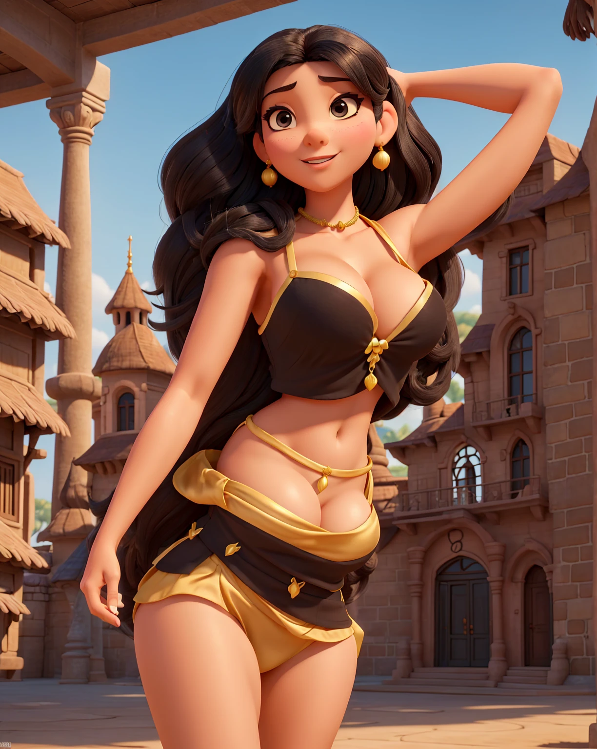 Cartoonized, Jasmine, Disney Princess, black hair, midriff top, solo, detailed, high quality, 4K, athletic figure, 34B breasts, sultry expression, exotic marketplace background with colorful fabrics, intricate architecture, and bustling crowds, warm colors, cleavage visible, nipples slightly visible, живой и правильный и симметричный взгляд