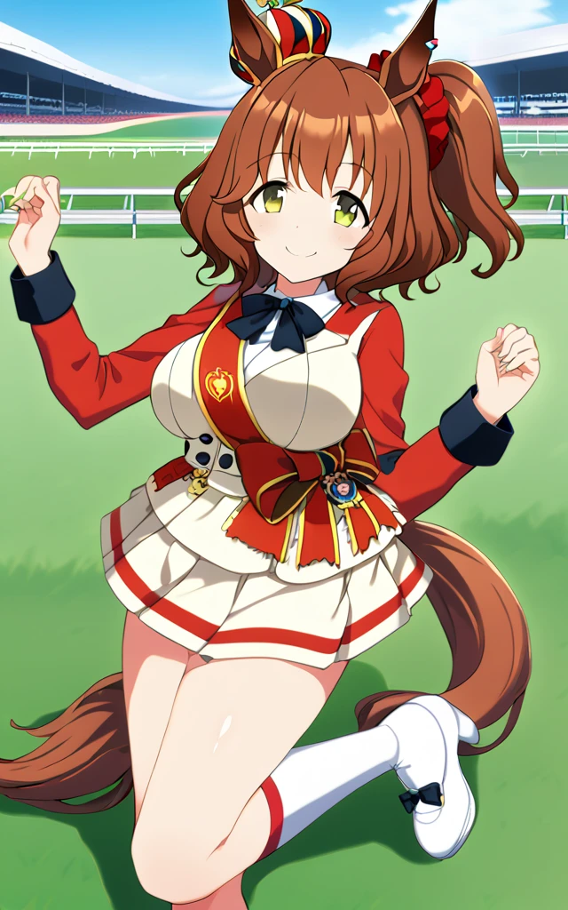 1girl, AstonMachan, green eyes, tareme,  horse girl, horse ears, horse tail, head on mini crown, side_ponytail, lightbrown hair, medium hair, shiny hair, greenyellow eyes, hair_between_eyes, hair_ornament, medium breasts, red head_scrunchie, skindentation +++ red sleeves, parted colored shirt, long sleeves, white pleated skirt, white footwear, high heels, bow, sash, turf, race track , kind smile, extremely quality extremely detailed, illustration, cute anime face, whipping