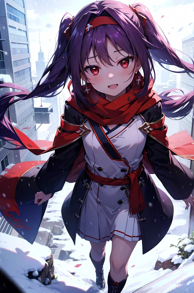 yuukikonno, Konno Yuuki, Long Hair, Pointed Ears, Purple Hair, (Red eyes:1.5), (Small breasts:1.2), Open your mouth,happy smile, smile, Open your mouth,hair band,low Twin tails red scarf,Purple long coat,V-neck sweater,Long skirt,short boots,snowが降っている,snowが降り積もっている,snow,snow,snow,snow,winter,Cold night,Walking,whole bodyがイラストに入るように,Looking down from above,
break looking at viewer, whole body,
break outdoors, In town,
break (masterpiece:1.2), Highest quality, High resolution, unity 8k wallpaper, (figure:0.8), (Beautiful attention to detail:1.6), Highly detailed face, Perfect lighting, Highly detailed CG, (Perfect hands, Perfect Anatomy),