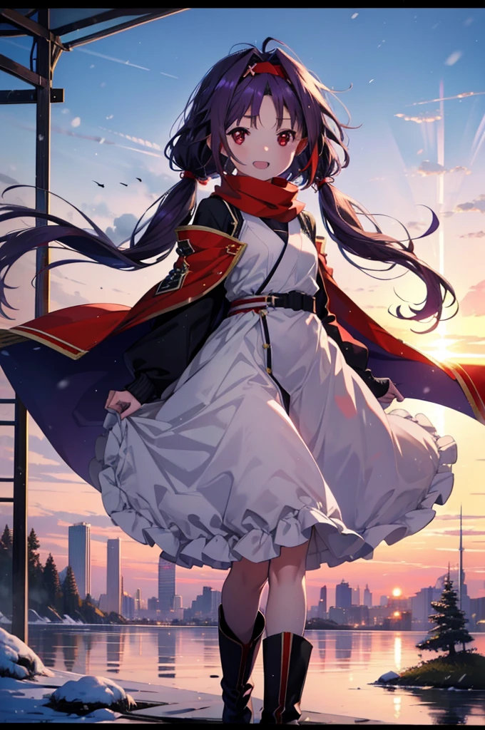 yuukikonno, Konno Yuuki, Long Hair, Pointed Ears, Purple Hair, (Red eyes:1.5), (Small breasts:1.2), Open your mouth,happy smile, smile, Open your mouth,hair band,low Twin tails red scarf,Purple long coat,V-neck sweater,Long skirt,short boots,snowが降っている,snowが降り積もっている,snow,snow,snow,snow,winter,Cold night,Walking,whole bodyがイラストに入るように,Looking down from above,
break looking at viewer, whole body,
break outdoors, In town,
break (masterpiece:1.2), Highest quality, High resolution, unity 8k wallpaper, (figure:0.8), (Beautiful attention to detail:1.6), Highly detailed face, Perfect lighting, Highly detailed CG, (Perfect hands, Perfect ???????),