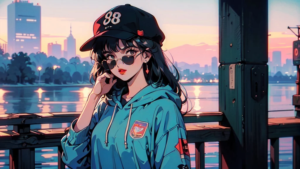 (80's, Retro, City Pop:1.5), (masterpiece, Highest quality, Exquisite detail), (anime, figure), (pastel colour:1.3),girl, alone, cool, Wearing sunglasses, Cityscape, City of night, Street fashion, Wearing a hoodie, Wearing a black baseball cap