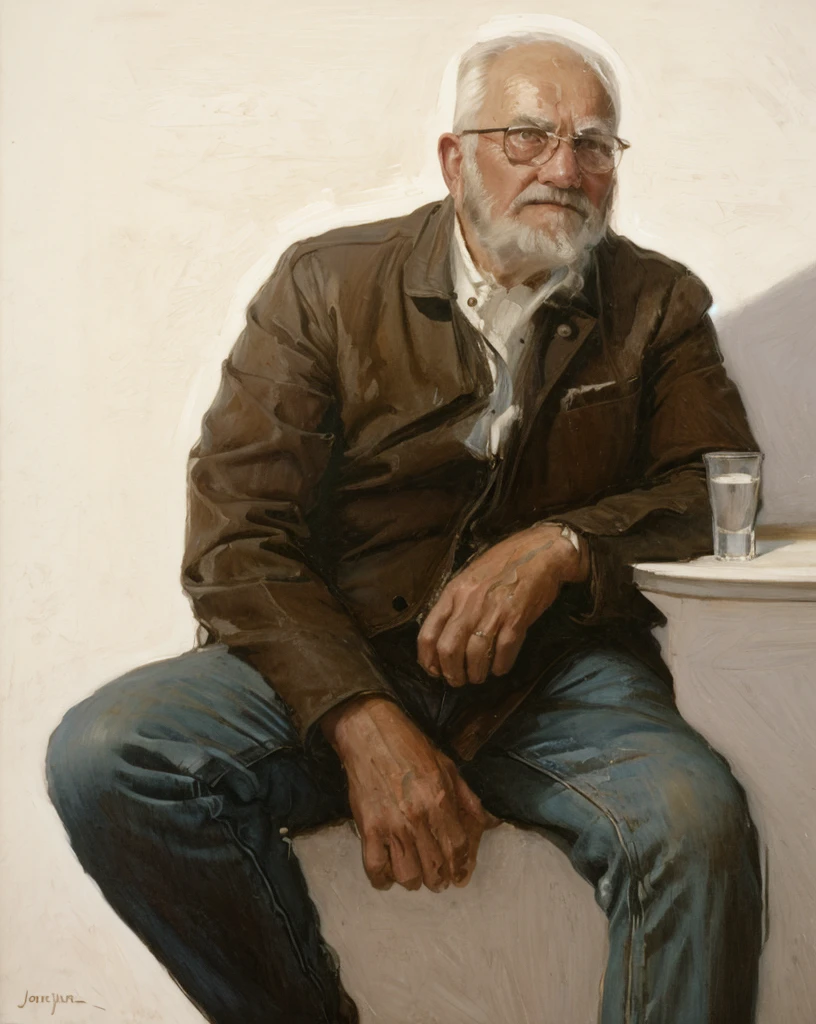 Oil painting of an old man ((best work of art)) ((very contrasted image)) ((White background)) Brown hair, modern, jeans, current white background, Nick Alm, by Andrea Pozzo, Jeremy Lipking, range murata Jeremy Lipking, by Carlo Mense, inspired by Enrique Simonet, sargento marshénnikov, by Michael Ford, krenzcushart, Jeremy Lipking full length shot, by Josep Rovira Soler