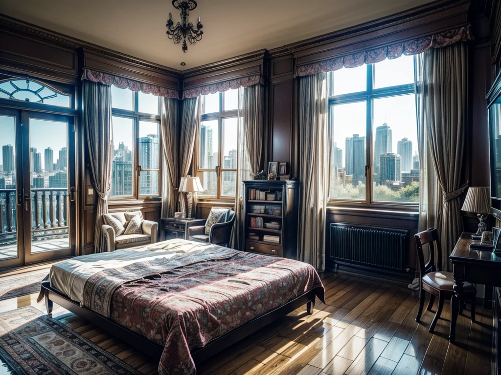 8KHD,9:16 vertical pictures,vertical picture,Glass House,Glass House,超大Floor-to-ceiling windows,There is a pink bed in the room,curtain,TV set,bookshelf。The wall is glass window, 房间里最重要的是有big bed,8K picture quality,Best quality,masterpiece,HD,Super rich detail,detailed,Comfortable bedroom,Large Windows,Floor-to-ceiling windows,big bed,There are pillows on the bed,Quilt,Essas roupas,notebook,There is a cabinet next to it,There are bookcases,There is a table,There are chairs,There are flowers,There is a wardrobe,有一个big bed,There are carpets,There are many books,Overall very comfortable,extremely clean,very useful,Large Windows,The scenery outside the window,There is a villa garden outside the window,City skyscrapers