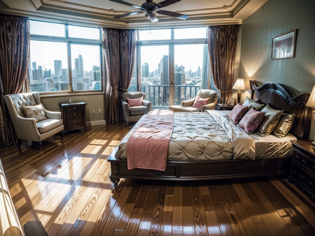 8KHD,9:16 vertical pictures,vertical picture,Glass House,Glass House,超大Floor-to-ceiling windows,There is a pink bed in the room,curtain,TV set,bookshelf。The wall is glass window, 房间里最重要的是有big bed,8K picture quality,Best quality,masterpiece,HD,Super rich detail,detailed,Comfortable bedroom,Large Windows,Floor-to-ceiling windows,big bed,There are pillows on the bed,Quilt,Essas roupas,notebook,There is a cabinet next to it,There are bookcases,There is a table,There are chairs,There are flowers,There is a wardrobe,有一个big bed,There are carpets,There are many books,Overall very comfortable,extremely clean,very useful,Large Windows,The scenery outside the window,There is a villa garden outside the window,City skyscrapers