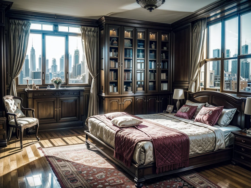 8KHD，9：16 vertical pictures，vertical picture，Glass House，Glass House，超大Floor-to-ceiling windows，There is a pink bed in the room，curtain，TV set，bookshelf。The wall is glass window， 房间里最重要的是有big bed，8K picture quality，Best quality，masterpiece，HD，Super rich detail，detailed，Comfortable bedroom，Large Windows，Floor-to-ceiling windows，big bed，There are pillows on the bed，Quilt，Essas roupas，notebook，There is a cabinet next to it，There are bookcases，There is a table，There are chairs，There are flowers，There is a wardrobe，有一个big bed，There are carpets，There are many books，Overall very comfortable，extremely clean，very useful，Large Windows，The scenery outside the window，There is a villa garden outside the window，City skyscrapers