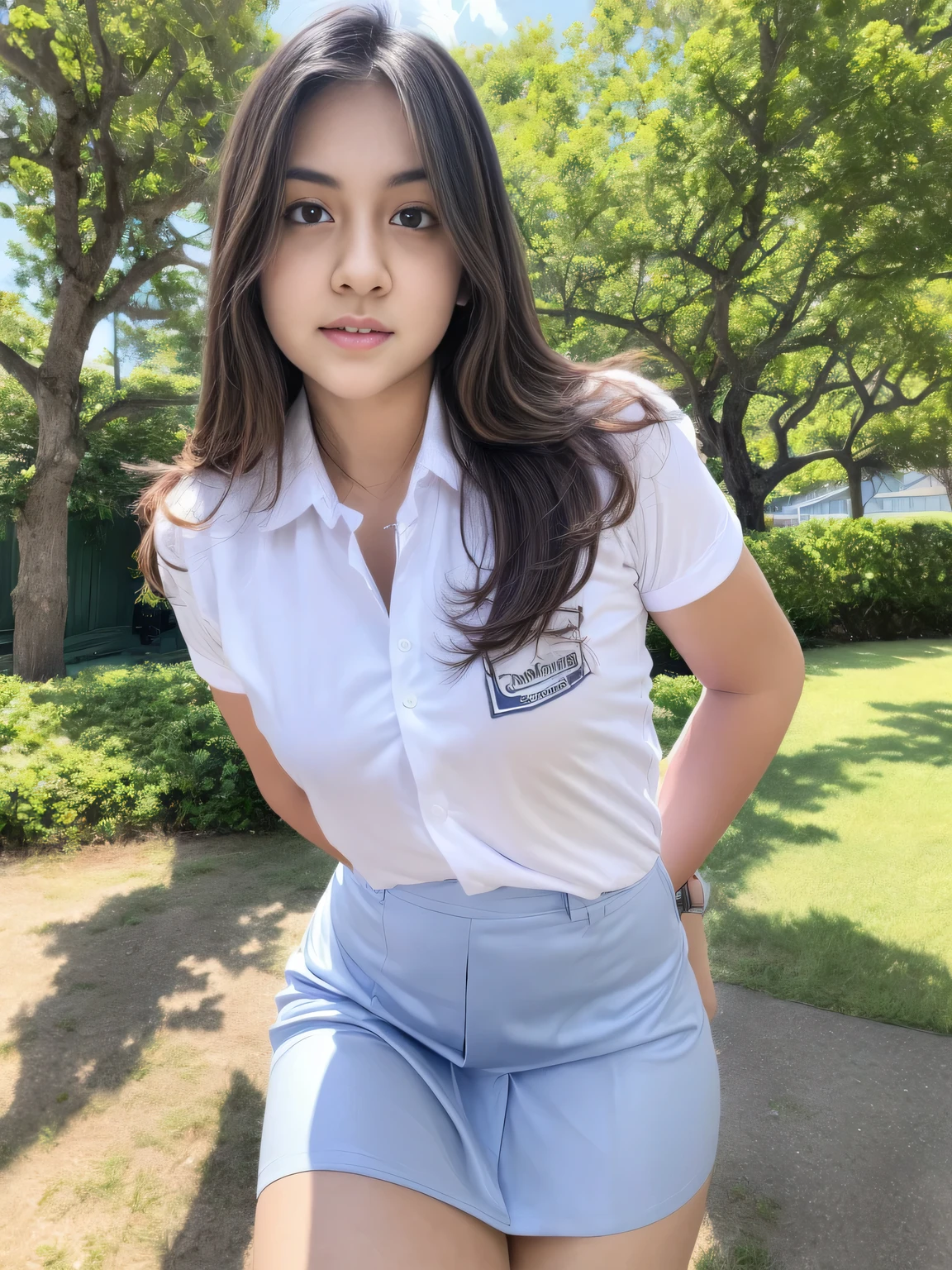 1girl, solo, (uniform), standing, outdoors, detailed face, detailed eyes, thick breasts, shiny skin, tight white shirt, grey blue short skirt, looking at the audience, low angle shot,(8k, RAW photo, best quality, masterpiece: 1.2), (realistic, realistic: 1.37), ultra-high resolution