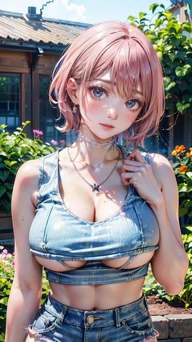 ((Highest quality, 8k, masterpiece :1.3)), (Sharp focus :1.2, Beautiful woman with perfect figure :1.4, Slim Abs :1.2), ((Big Breasts, Emphasize cleavage, The underboob is visible:1.3)), (Photorealistic:1.4), (realistic:1.4), (Pink Hair:1.5), Highly detailed face and skin texture, Fine grain, double eyelid. Makeup face, A little bit of lipstick, sex appeal, Sexy gravure pose, ((White tank top and denim shorts。The background is the garden at home、She enjoys the barbecue。Casual accessories include necklaces。:1.3)