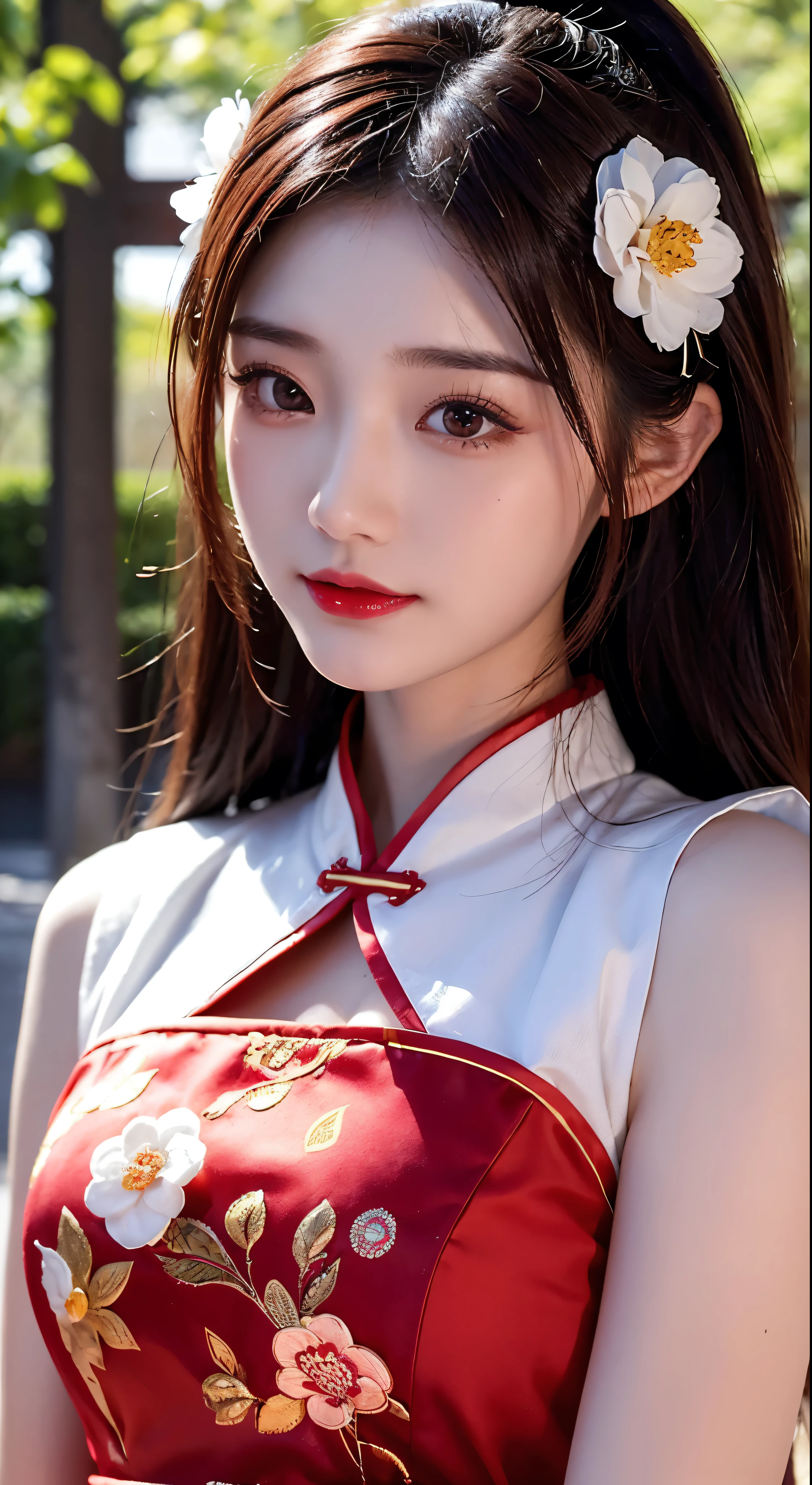 with high definition images,1girl,Upper Body,Facigirl,China dress,Chinese clothing,Hair Flower,(Masterpiece:1.4),(Highest quality:1.4),(Facial details),Red lips,Beholder's Perspective,Chestnut Hair,Parted lips,In the temple grounds。Bright sunshine，The dress is red
