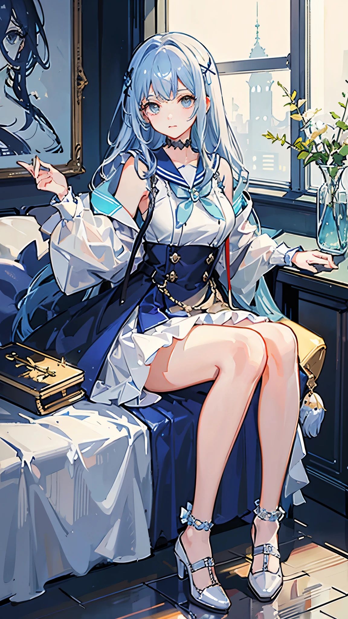 A very spacious museum、The background is an art exhibition hall、Very spacious、There are many sculptures and paintings、The girl is looking at a painting、Crystal clear light blue hair、Her hair is gradated and white from the hairline to the middle.、Hair length is up to the knees、A shiny, light blue sailor suit、The hair ornament is glittering gold.、Silver hair ornament、She has big breasts、Adult face、