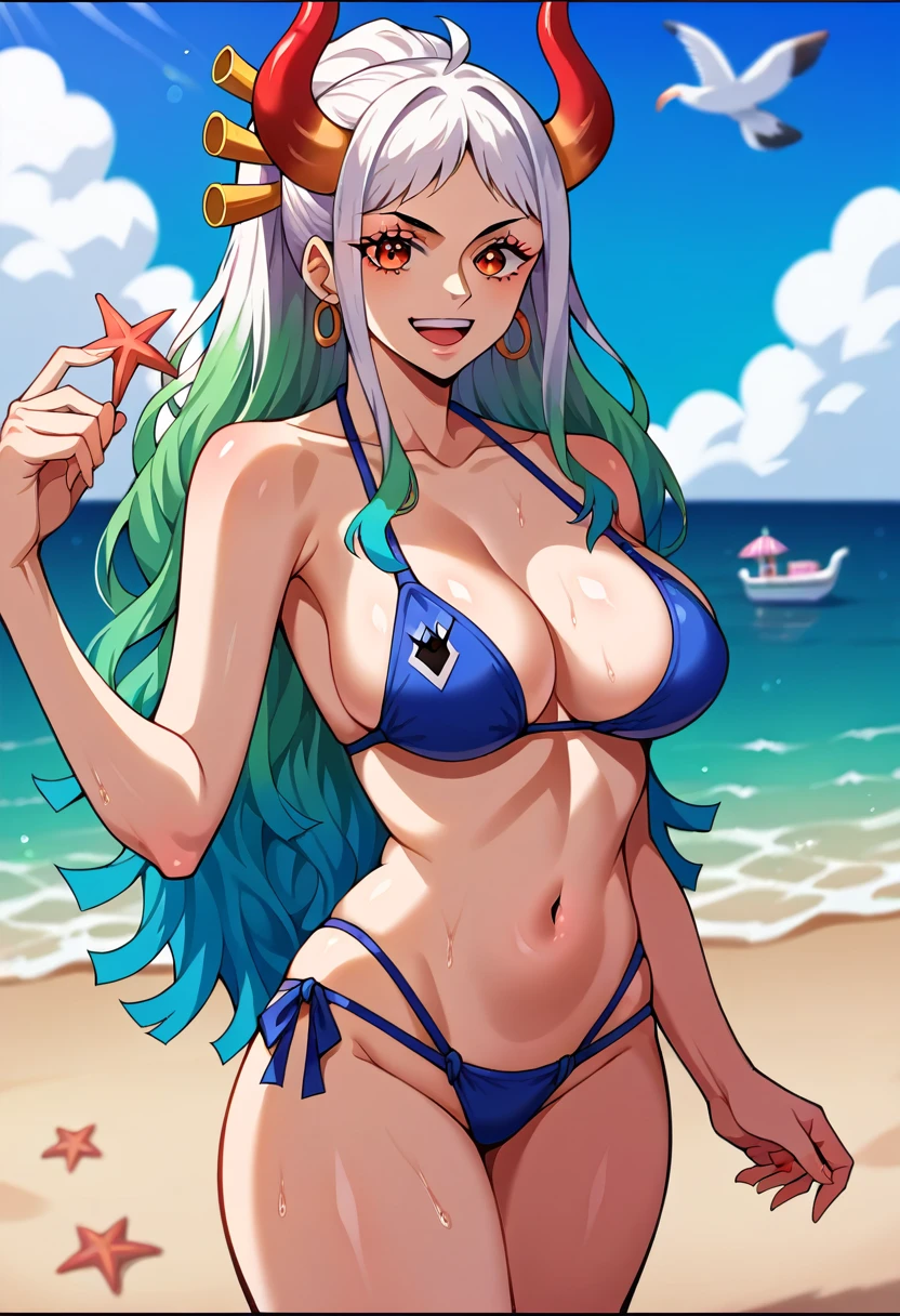 score_9,score_8_up,score_7_up,score_6_up, yamato \(one piece\), 1girl, solo, multicolored hair, jewelry, earrings, hair ornament, curled horns, long hair, oni, smile, rope, breasts, hair stick, blur background, open mouth, hoop earrings, bare shoulders, simple background, (Flowing hair:1.2), masterpiece, best quality, highres, extremely detailed face, highly detailed eyelash, highly detailed eyes, beautiful fingers, elegant, elegant face, sexy body, large breasts, perfect round breast, beach umbrella, bikini, black border, breasts, cloud, day, dove, letterboxed, looking at viewer, navel, ocean, sand, seagull, POV, standing, arm up, sky, smile, solo, starfish, swimsuit, water, watercraft, wet, white,