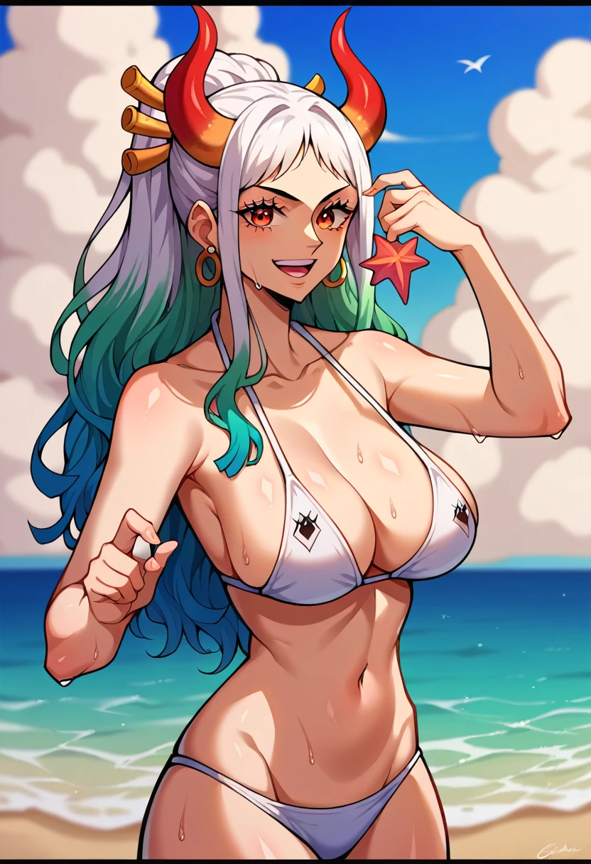 score_9,score_8_up,score_7_up,score_6_up, yamato \(one piece\), 1girl, solo, multicolored hair, jewelry, earrings, hair ornament, curled horns, long hair, oni, smile, rope, breasts, hair stick, blur background, open mouth, hoop earrings, bare shoulders, simple background, (Flowing hair:1.2), masterpiece, best quality, highres, extremely detailed face, highly detailed eyelash, highly detailed eyes, beautiful fingers, elegant, elegant face, sexy body, large breasts, perfect round breast, beach umbrella, bikini, black border, breasts, cloud, day, dove, letterboxed, looking at viewer, navel, ocean, sand, seagull, POV, standing, arm up, sky, smile, solo, starfish, swimsuit, water, watercraft, wet, white,