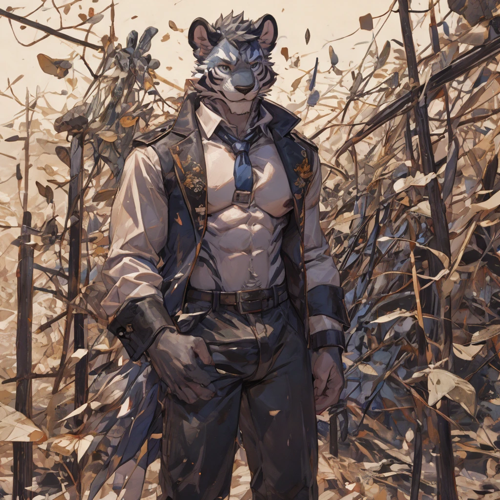 {{bara extremely handsome white tiger,}} {{white fur,}} white, wearing elegant ornate suit jacket, trousers, white dress shirt and necktie, white fluffy furry body and limbs, loafers, very tall, very broad shoulders, narrow waist, muscular arms, massive pecs, purple eyes, very long legs, massive bulge, sophisticated hot look, 3/4 view, best quality, high detail, CG image, character splash art, silver earring on left ear, sultry smirk