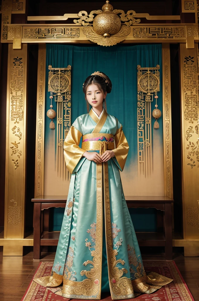 *a beautiful princess in a traditional korean hanbok, her hair is in a knot on top of her head held together by a large golden ornament, behind her is an ornate screen and a tapestry depicting a waterfall scene, it really gives a sense of the beautiful Korean art and culture, realistic, Korean art, full body view, large hall, ornate background*