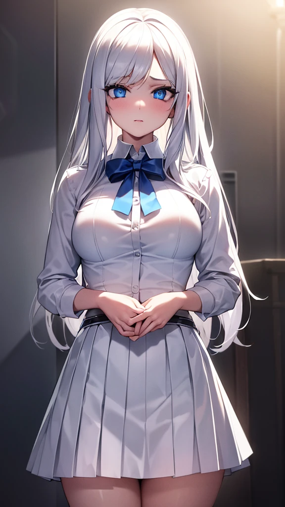 beautiful detailed girl, 1girl, long white hair, big bright blue eyes, extremely detailed eyes and face, long eyelashes, perky breasts, tight white pleated skirt, white button up shirt, ultra-detailed, 8k, highres, masterpiece, photorealistic, dramatic lighting, volumetric fog, cinematic composition