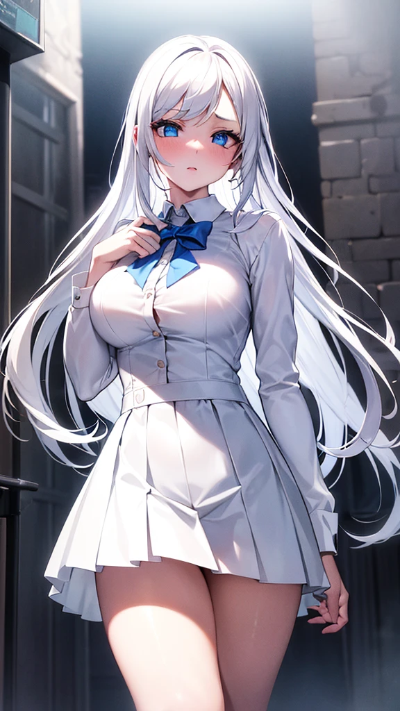 beautiful detailed girl, 1girl, long white hair, big bright blue eyes, extremely detailed eyes and face, long eyelashes, perky breasts, tight white pleated skirt, white button up shirt, ultra-detailed, 8k, highres, masterpiece, photorealistic, dramatic lighting, volumetric fog, cinematic composition