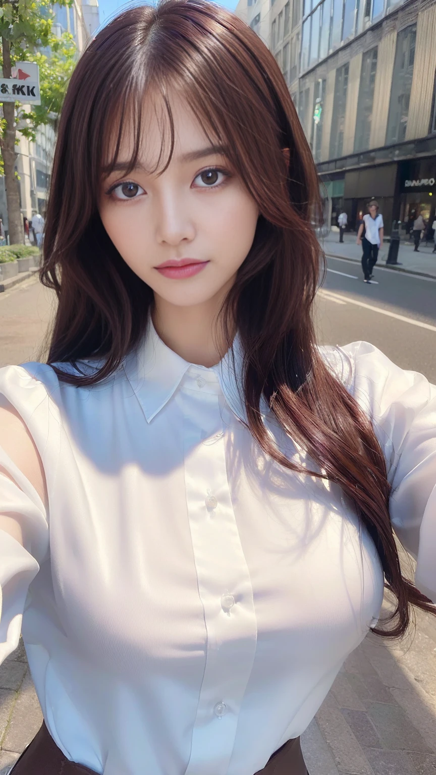 ((Highest quality, 8k, masterpiece :1.3)), Sharp focus :1.2, Beautiful woman with perfect figure :1.4, Slim Abs :1.2, ((Dark brown hair, Big Breasts :1.2)), (White button-up long shirt :1.1), City Street:1.2, Highly detailed face and skin texture, Detailed eyes, double eyelid