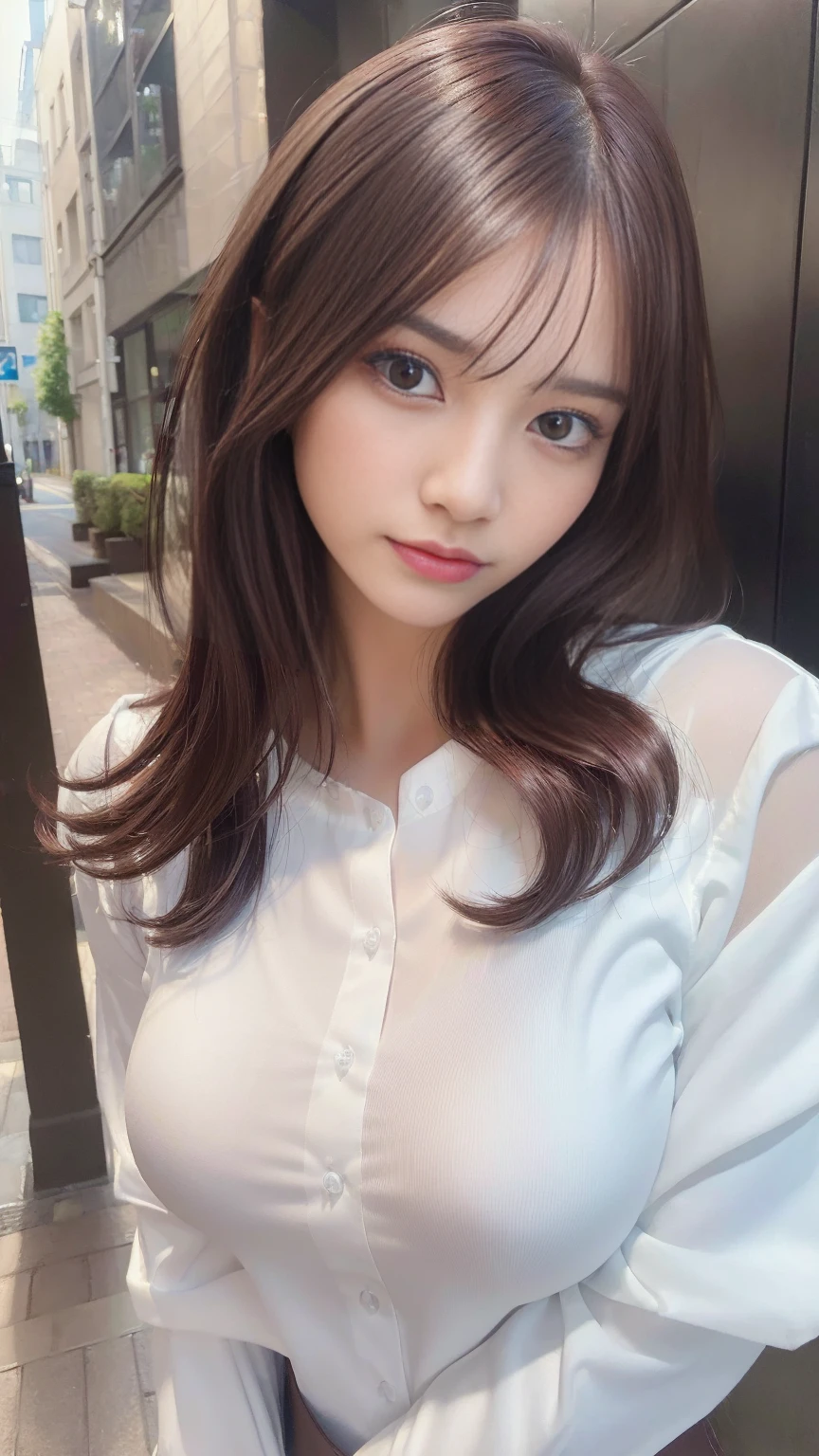 ((Highest quality, 8k, masterpiece :1.3)), Sharp focus :1.2, Beautiful woman with perfect figure :1.4, Slim Abs :1.2, ((Dark brown hair, Big Breasts :1.2)), (White button-up long shirt :1.1), City Street:1.2, Highly detailed face and skin texture, Detailed eyes, double eyelid