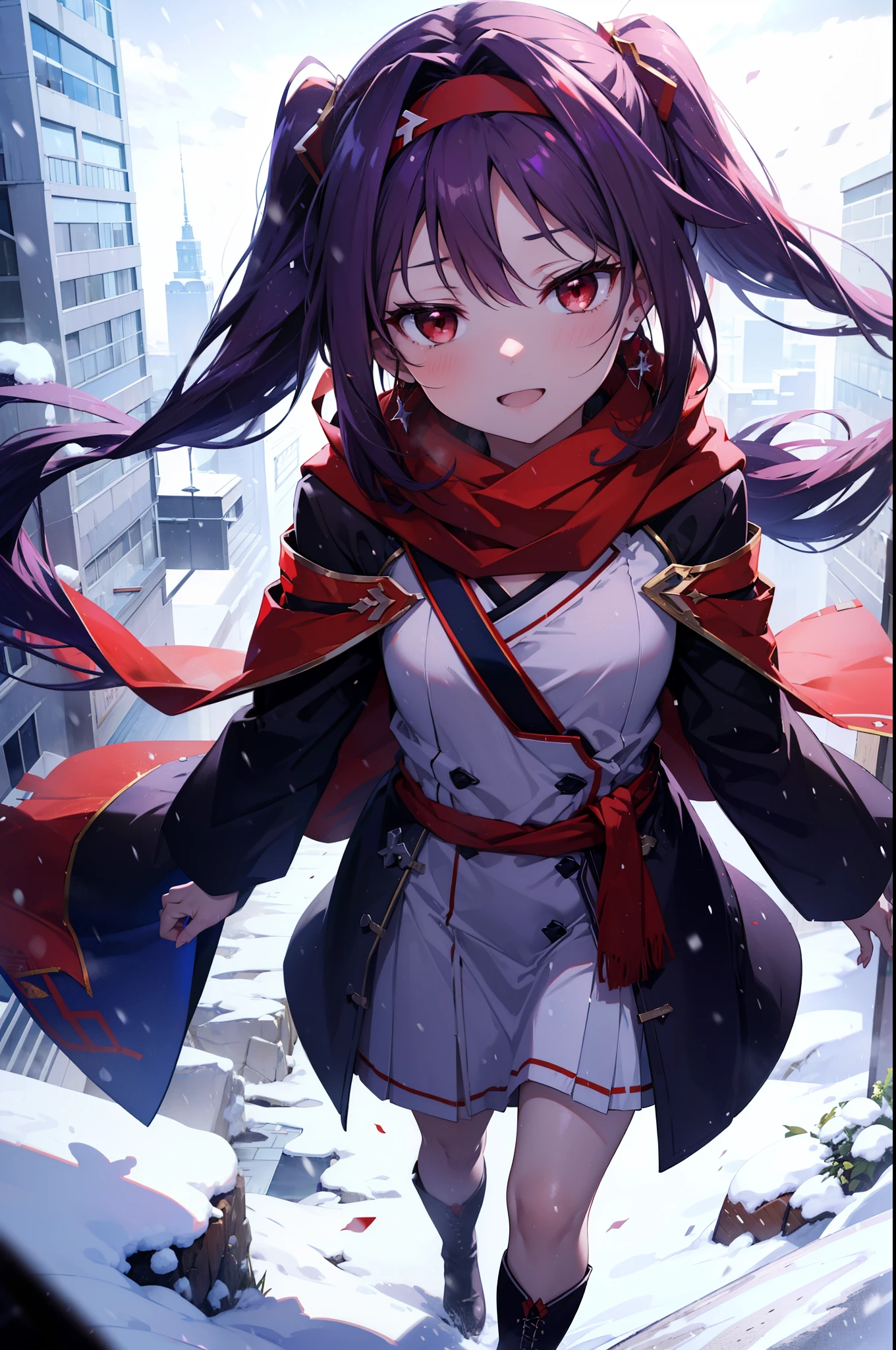 yuukikonno, Konno Yuuki, Long Hair, Pointed Ears, Purple Hair, (Red eyes:1.5), (Small breasts:1.2), Open your mouth,happy smile, smile, Open your mouth,hair band,low Twin tails red scarf,Purple long coat,V-neck sweater,Long skirt,short boots,snowが降っている,snowが降り積もっている,snow,snow,snow,snow,winter,Cold night,Walking,whole bodyがイラストに入るように,Looking down from above,
break looking at viewer, whole body,
break outdoors, In town,
break (masterpiece:1.2), Highest quality, High resolution, unity 8k wallpaper, (figure:0.8), (Beautiful attention to detail:1.6), Highly detailed face, Perfect lighting, Highly detailed CG, (Perfect hands, Perfect Anatomy),