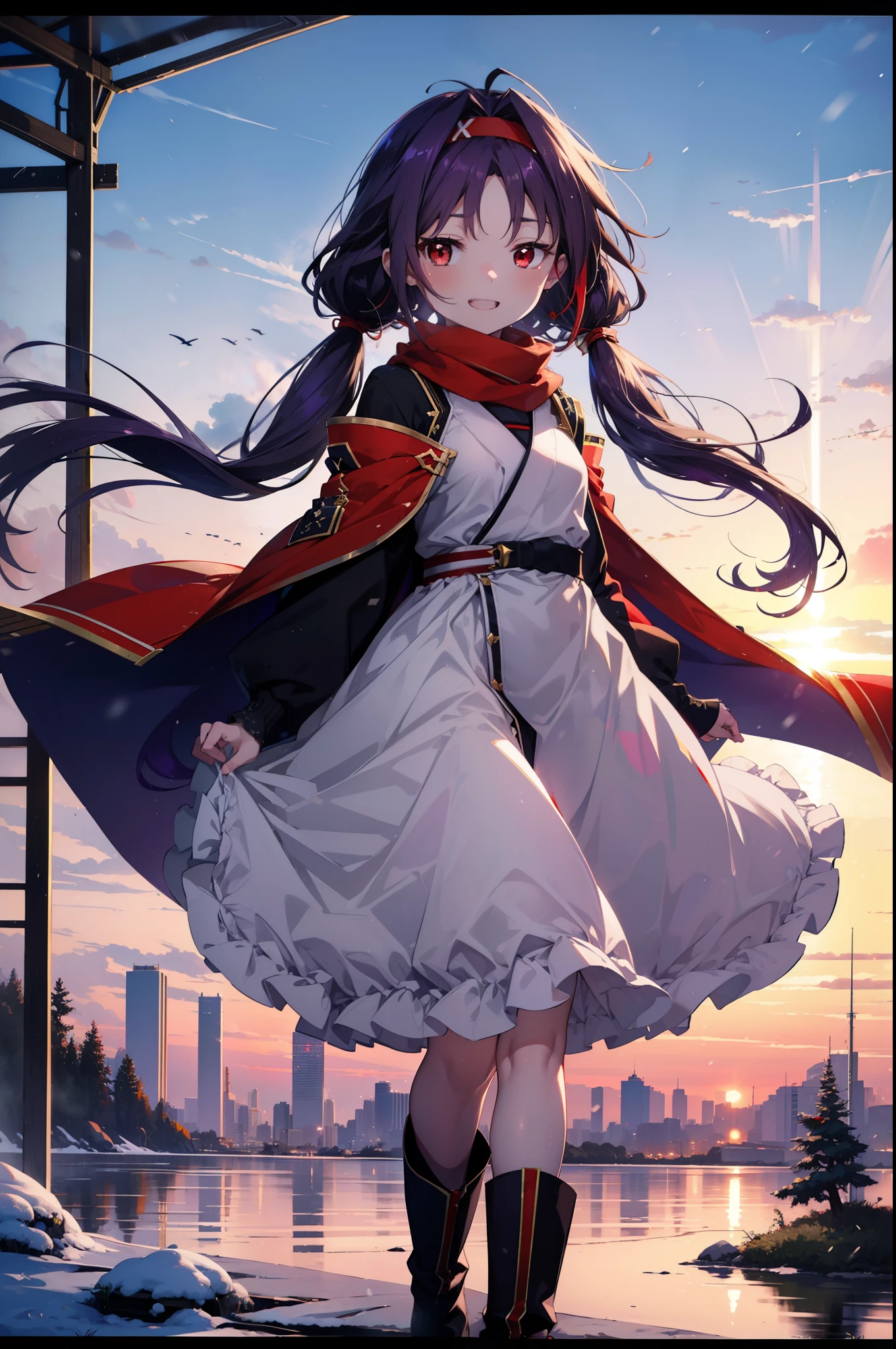 yuukikonno, Konno Yuuki, Long Hair, Pointed Ears, Purple Hair, (Red eyes:1.5), (Small breasts:1.2), Open your mouth,happy smile, smile, Open your mouth,hair band,low Twin tails red scarf,Purple long coat,V-neck sweater,Long skirt,short boots,snowが降っている,snowが降り積もっている,snow,snow,snow,snow,winter,Cold night,Walking,whole bodyがイラストに入るように,Looking down from above,
break looking at viewer, whole body,
break outdoors, In town,
break (masterpiece:1.2), Highest quality, High resolution, unity 8k wallpaper, (figure:0.8), (Beautiful attention to detail:1.6), Highly detailed face, Perfect lighting, Highly detailed CG, (Perfect hands, Perfect Anatomy),