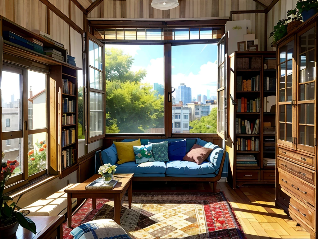 8K picture quality,Best quality,masterpiece,HD,Super rich detail,detailed,Comfortable bedroom,Large Windows,Floor-to-ceiling windows,big bed,There are pillows on the bed,Quilt,Essas roupas,notebook,There is a cabinet next to it,There are bookcases,There is a table,There are chairs,There are flowers,There is a wardrobe,There was a sofa,There are carpets,There are many books,Overall very comfortable,extremely clean,very useful,Large Windows,The scenery outside the window,There are various other flowers,and vegetable garden,There are a variety of vegetables inside,超HD真实感,Live photos,The overall color is mainly blue-green,Strong realism