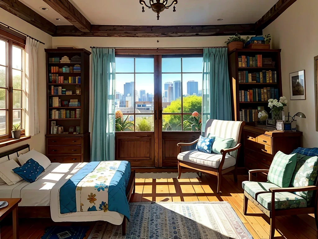 8K picture quality，Best quality，masterpiece，HD，Super rich detail，detailed，Comfortable bedroom，Large Windows，Floor-to-ceiling windows，big bed，There are pillows on the bed，Quilt，Essas roupas，notebook，There is a cabinet next to it，There are bookcases，There is a table，There are chairs，There are flowers，There is a wardrobe，There was a sofa，There are carpets，There are many books，Overall very comfortable，extremely clean，very useful，Large Windows，The scenery outside the window，There are various other flowers，and vegetable garden，There are a variety of vegetables inside，超HD真实感，Live photos，The overall color is mainly blue-green，Strong realism