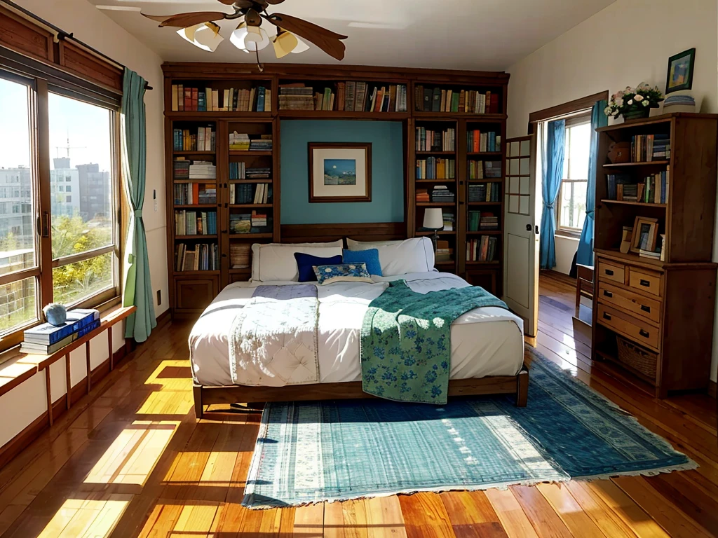 8K picture quality,Best quality,masterpiece,HD,Super rich detail,detailed,Comfortable bedroom,Large Windows,Floor-to-ceiling windows,big bed,There are pillows on the bed,Quilt,Essas roupas,notebook,There is a cabinet next to it,There are bookcases,There is a table,There are chairs,There are flowers,There is a wardrobe,There was a sofa,There are carpets,There are many books,Overall very comfortable,extremely clean,very useful,Large Windows,The scenery outside the window,There are various other flowers,and vegetable garden,There are a variety of vegetables inside,超HD真实感,Live photos,The overall color is mainly blue-green,Strong realism