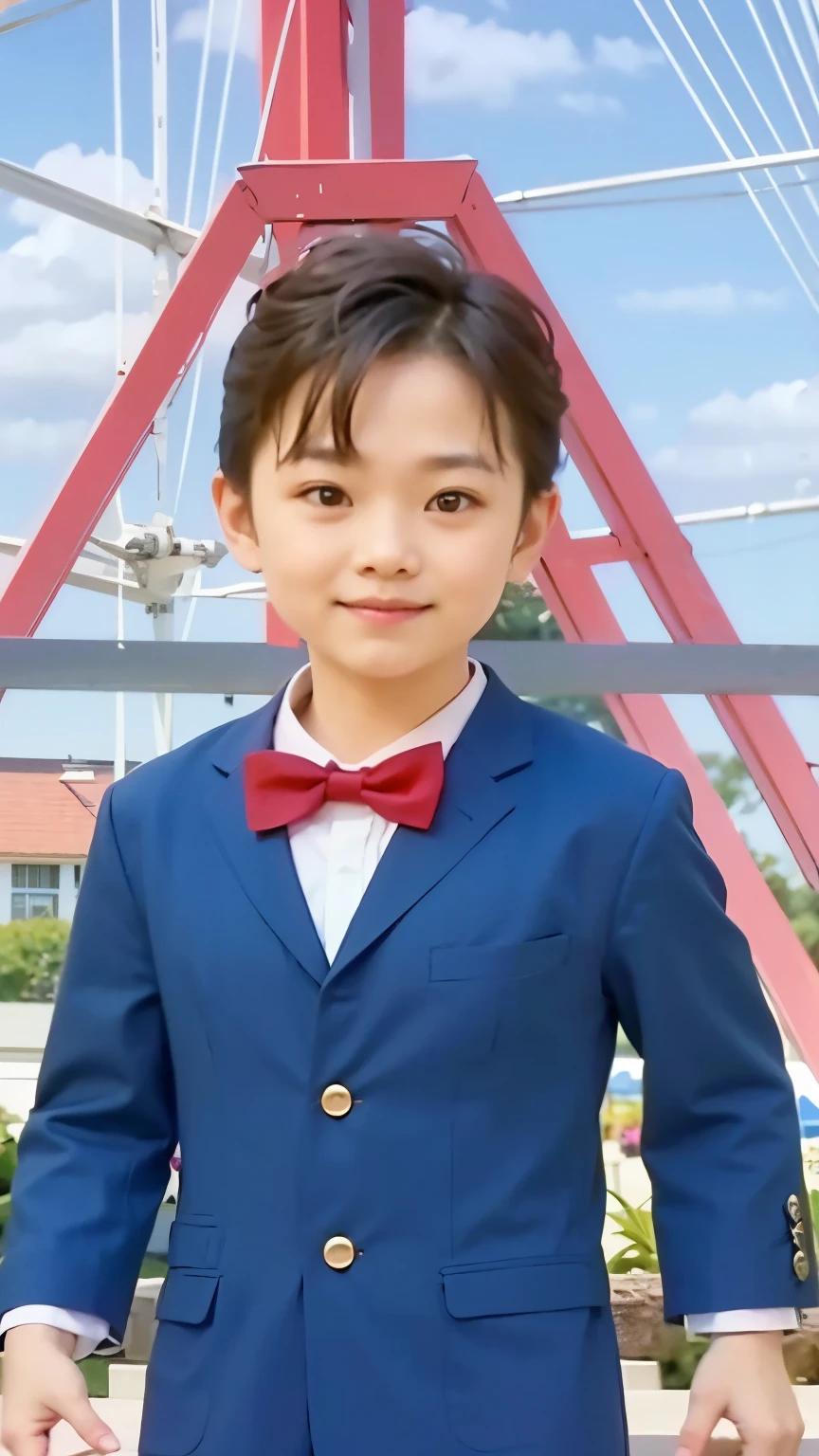 little boy, smile, cute face, blue suit, standing 