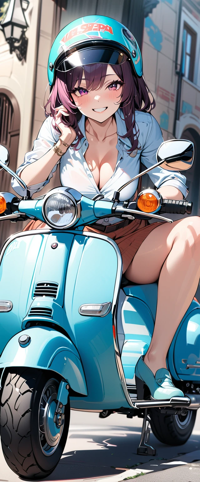 (masterpiece),(Highest quality:1.2),(Super detailed),(High resolution),(Highest quality),An illustration,8k,wallpaper,One female,Woman riding a green Vespa,(smile),A stylish helmet,Stylish clothing