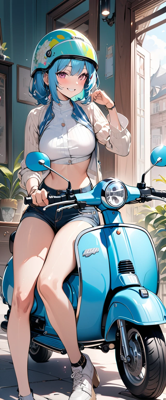 (masterpiece),(Highest quality:1.2),(Super detailed),(High resolution),(Highest quality),An illustration,8k,wallpaper,One female,Woman riding a green Vespa,(smile),A stylish helmet,Stylish clothing