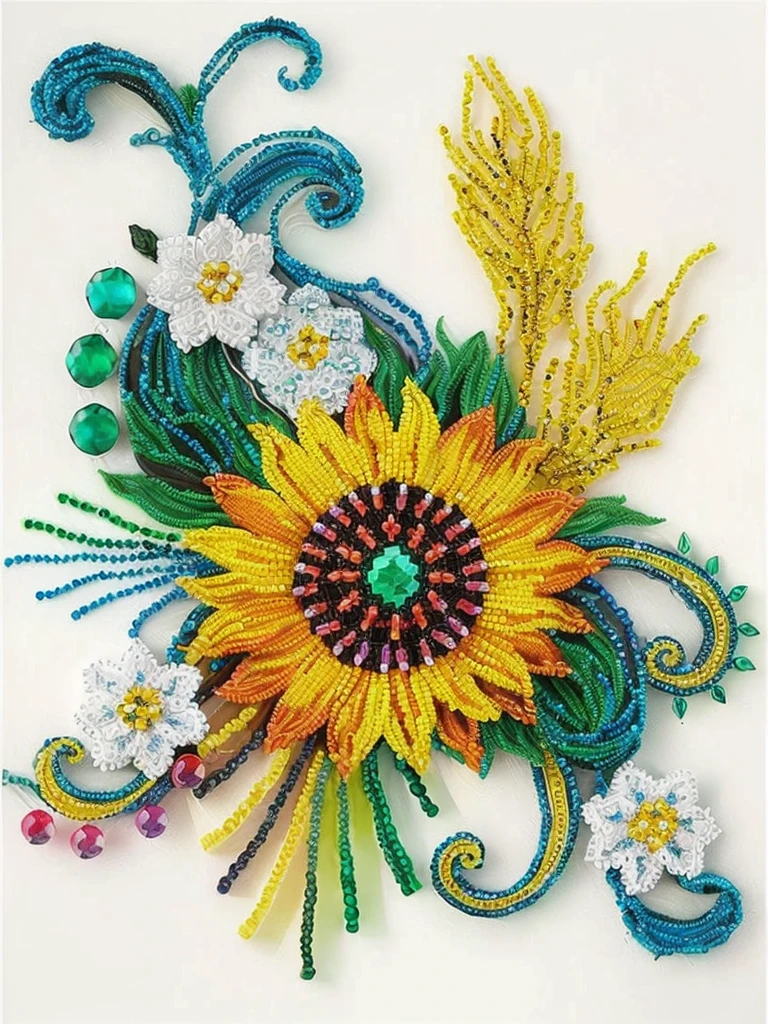 A colorful flower,There are beads and beads on it, Crystal sunflower, Roll paper, intricate colorful masterpiece, colorful intricate masterpiece, Extremely complex and colorful, masterful Complex artwork, Colorful complex, Made from beads and yarn, Complex details的花朵, Complex artwork, masterpiece. Complex artwork, Complex details, colorful、Rich in details, Beaded embroidery