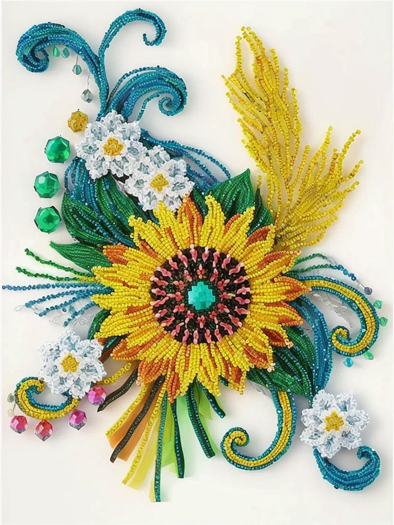 A colorful flower，There are beads and beads on it, Crystal sunflower, Roll paper, intricate colorful masterpiece, colorful intricate masterpiece, Extremely complex and colorful, masterful Complex artwork, Colorful complex, Made from beads and yarn, Complex details的花朵, Complex artwork, masterpiece. Complex artwork, Complex details, colorful、Rich in details, Beaded embroidery