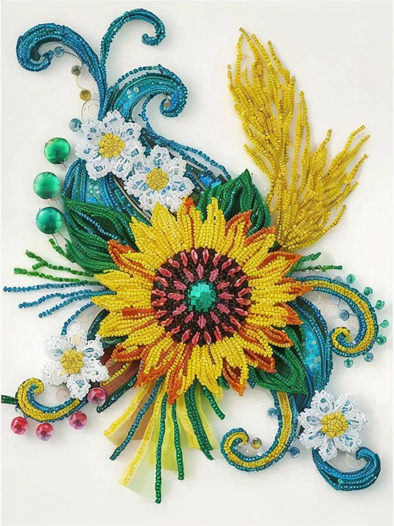 A colorful flower，There are beads and beads on it, Crystal sunflower, Roll paper, intricate colorful masterpiece, colorful intricate masterpiece, Extremely complex and colorful, masterful Complex artwork, Colorful complex, Made from beads and yarn, Complex details的花朵, Complex artwork, masterpiece. Complex artwork, Complex details, colorful、Rich in details, Beaded embroidery