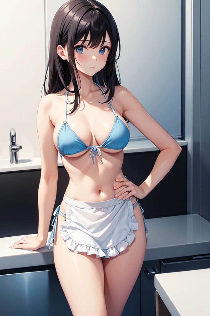 Dark Haired Girl, Light blue micro bikini and white low apron, Small Hips, Large Breasts