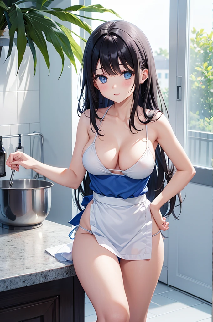 Dark Haired Girl, Light blue micro bikini and white low apron, Small Hips, Large Breasts