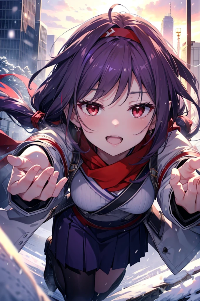 yuukikonno, Konno Yuuki, Long Hair, Pointed Ears, Purple Hair, (Red eyes:1.5), (Small breasts:1.2), Open your mouth,happy smile, smile, Open your mouth,hair band,low　Twin tails red scarf,Purple long coat,V-neck sweater,Long skirt,short boots,snowが降っている,snowが降り積もっている,snow,snow,snow,snow,winter,Cold night,Walking,whole bodyがイラストに入るように,Looking down from above,
break looking at viewer,  whole body,
break outdoors, In town,
break (masterpiece:1.2), Highest quality, High resolution, unity 8k wallpaper, (figure:0.8), (Beautiful attention to detail:1.6), Highly detailed face, Perfect lighting, Highly detailed CG, (Perfect hands, Perfect Anatomy),