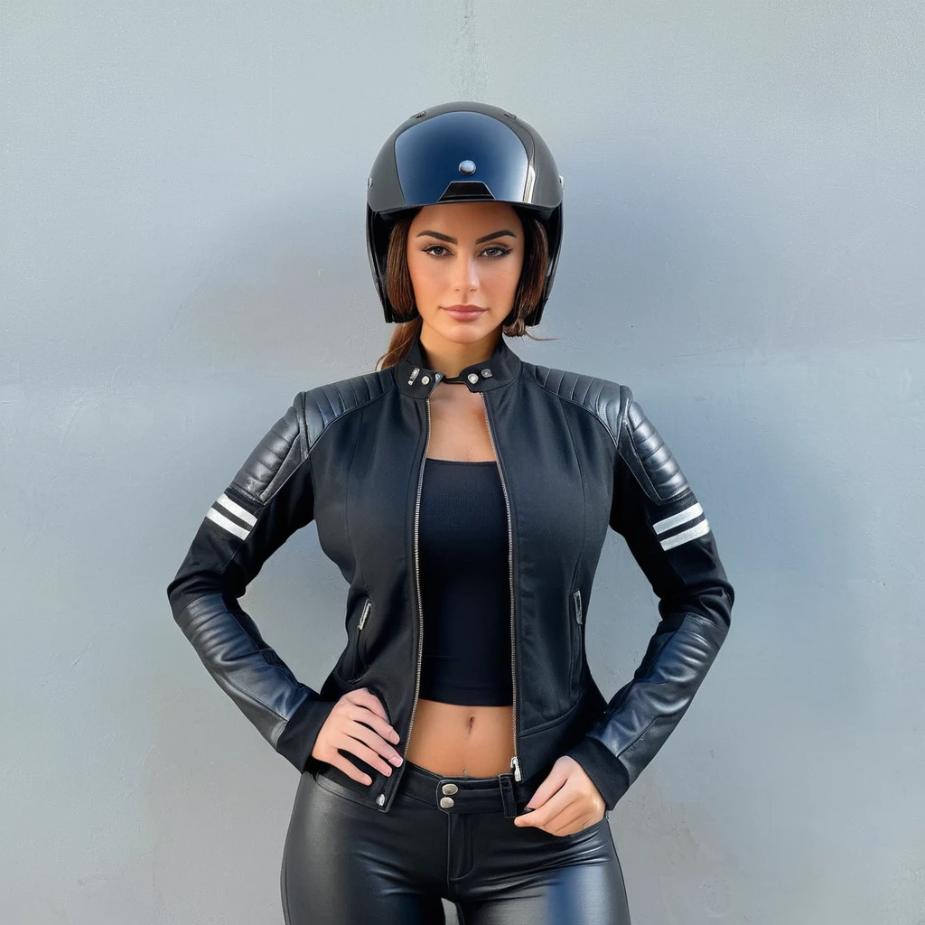 she is dressed as a biker with a sports helmet and her jacket is open we can see her neckline