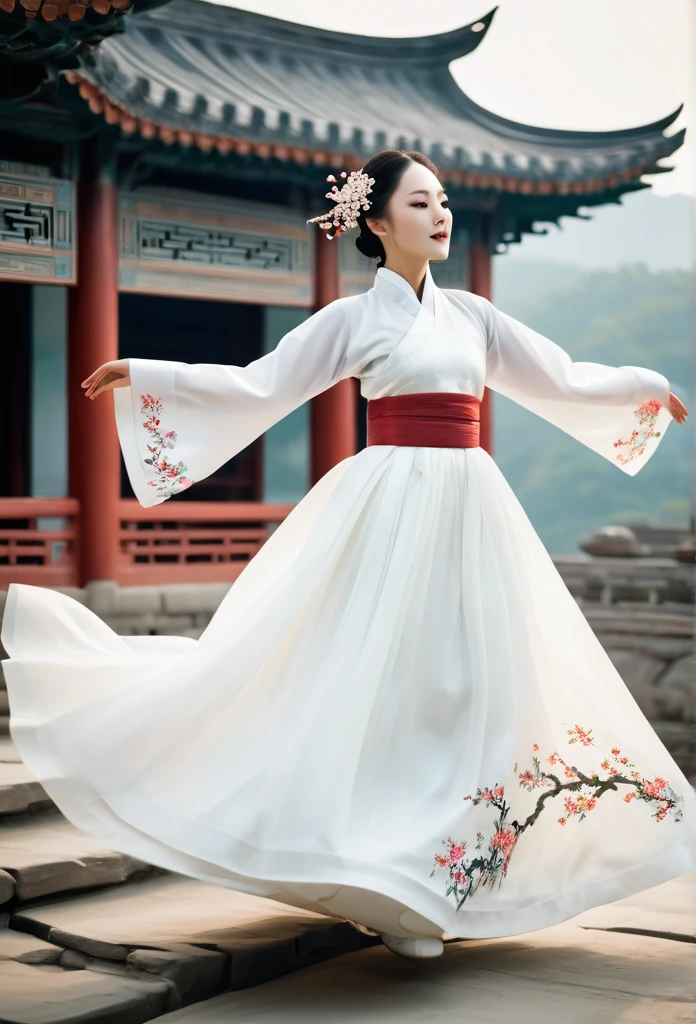 woman in intricate pure white hanbok dress, Flying on the air like a Chinese movie, in ancient china,