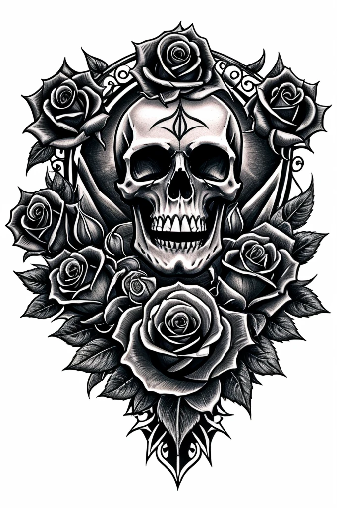 Draw a tattoo company logo, with a skull with vampire fangs next to a rose, all in black and white tattoo style.