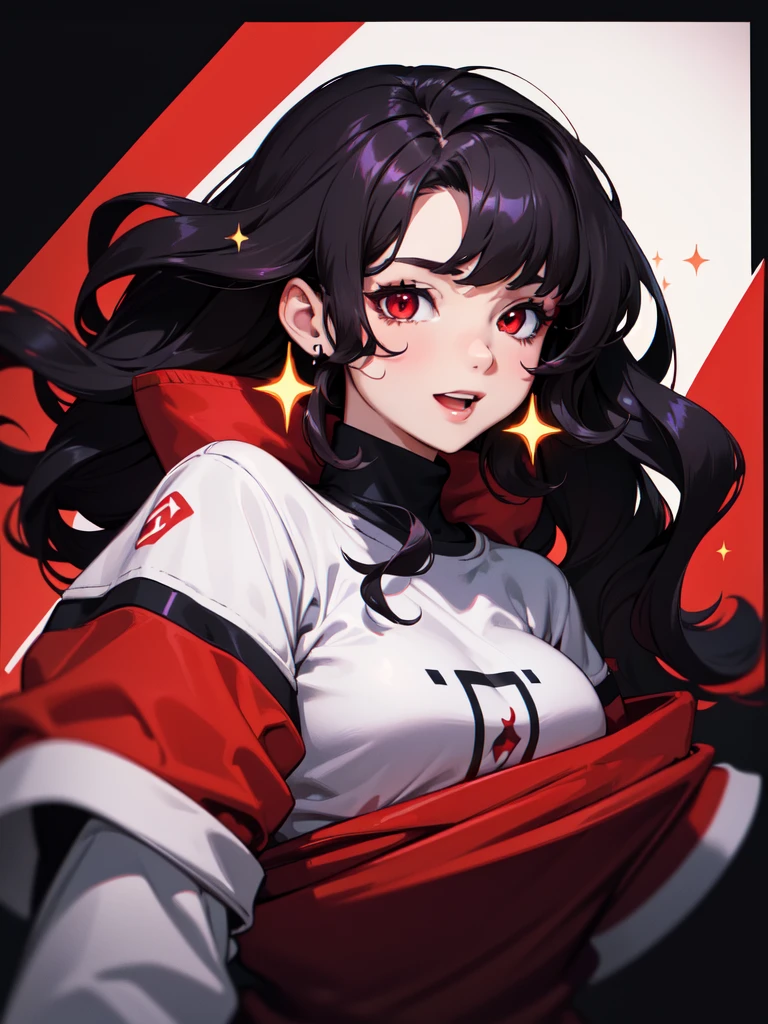 (((Portrait Photo))), She has a Cheerful and Youthful 15-Year-Old Appearance, with a Small, Athletic Build, Thick Breasts, and Immature Demeanor. She has Long, Wavy, Black Ombre Hair, Styled in Loose Waves Flowing Wildly. Her Striking Red Eyes Sparkle with Joy and Enthusiasm, Giving Off a Fun and Active Attitude. She Wears an Oversized Red Cropped Sweatshirt with Baggy Sleeves. (((High Quality, Dark Background))), (((Portrait Photo)))