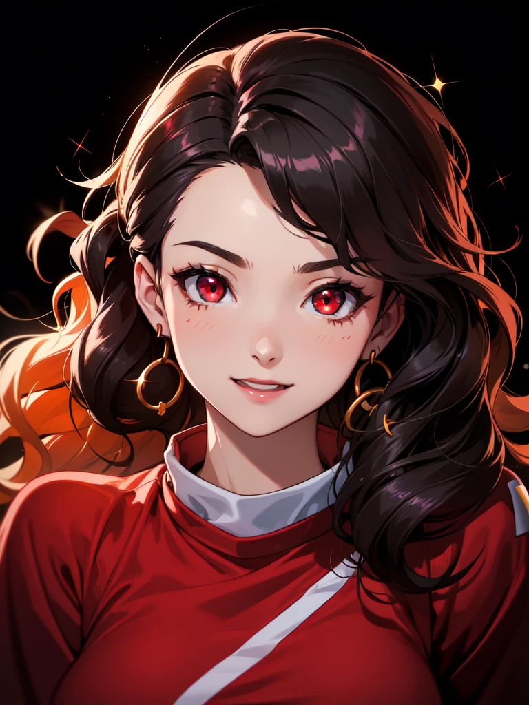 (((Portrait Photo))), She has a Cheerful and Youthful 15-Year-Old Appearance, with a Small, Athletic Build, Thick Breasts, and Immature Demeanor. She has Long, Wavy, Black Ombre Hair, Styled in Loose Waves Flowing Wildly. Her Striking Red Eyes Sparkle with Joy and Enthusiasm, Giving Off a Fun and Active Attitude. She Wears an Oversized Red Cropped Sweatshirt with Baggy Sleeves. (((High Quality, Dark Background))), (((Portrait Photo)))