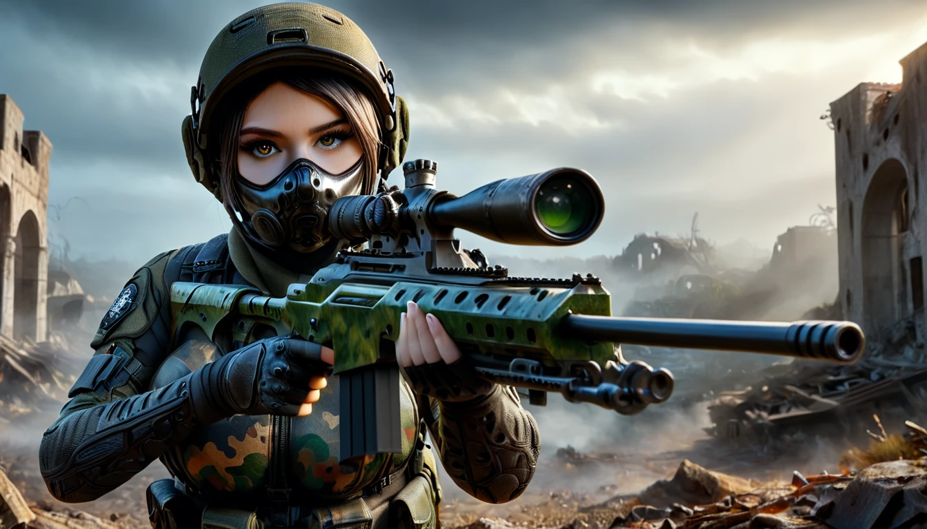 Young and very beautiful female sniper, aiming the muzzle of her sniper rifle at the viewer, detailed ideal proportions, shapely large breasts, detailed face, beautiful eyes, long eyelashes, serious expression, tactical helmet, camouflage latex suit, tactical equipment, sniper rifle, war-torn landscape, cloudy, foggy, ruins, wreckage, cinematic lighting, grainy, gloomy, dark, muted colors, realistic, 8k, high resolution, detailed description, masterpiece