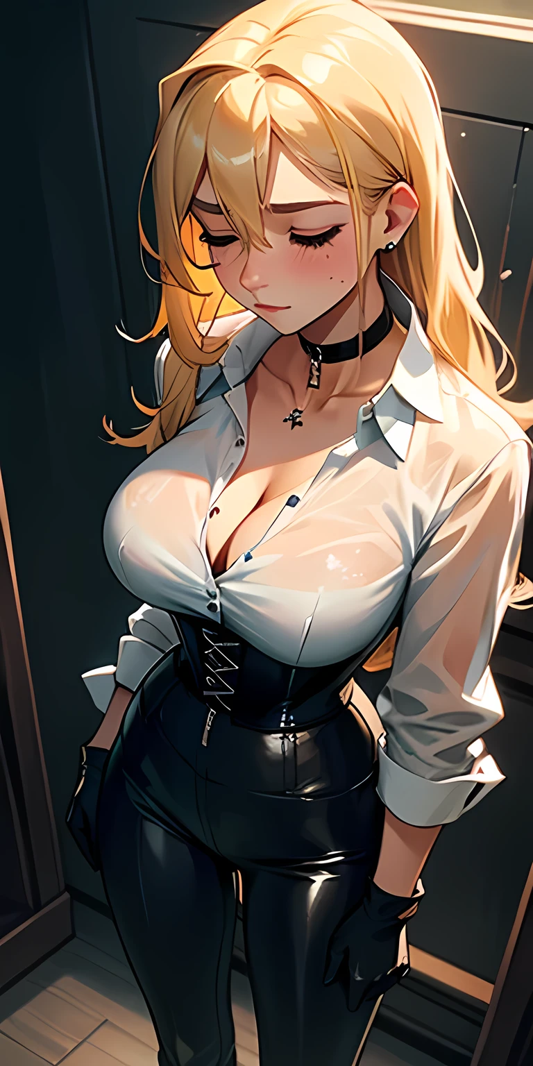 1girl, breasts, solo, closed eyes, gloves, blonde hair, view from above, long hair, shirt, large breasts, choker, black gloves, bra visible through clothes, pants, white shirt, mole, black pants, see-through, corset, cleavage, closed mouth, tight clothes, collared shirt, long sleeves, tight pants, mole under eye, wet clothes, indoors, black choker, blush, bra, cross choker, wet, see-through shirt, cross, wet shirt, hair between eyes, jewelry, standing, button gap