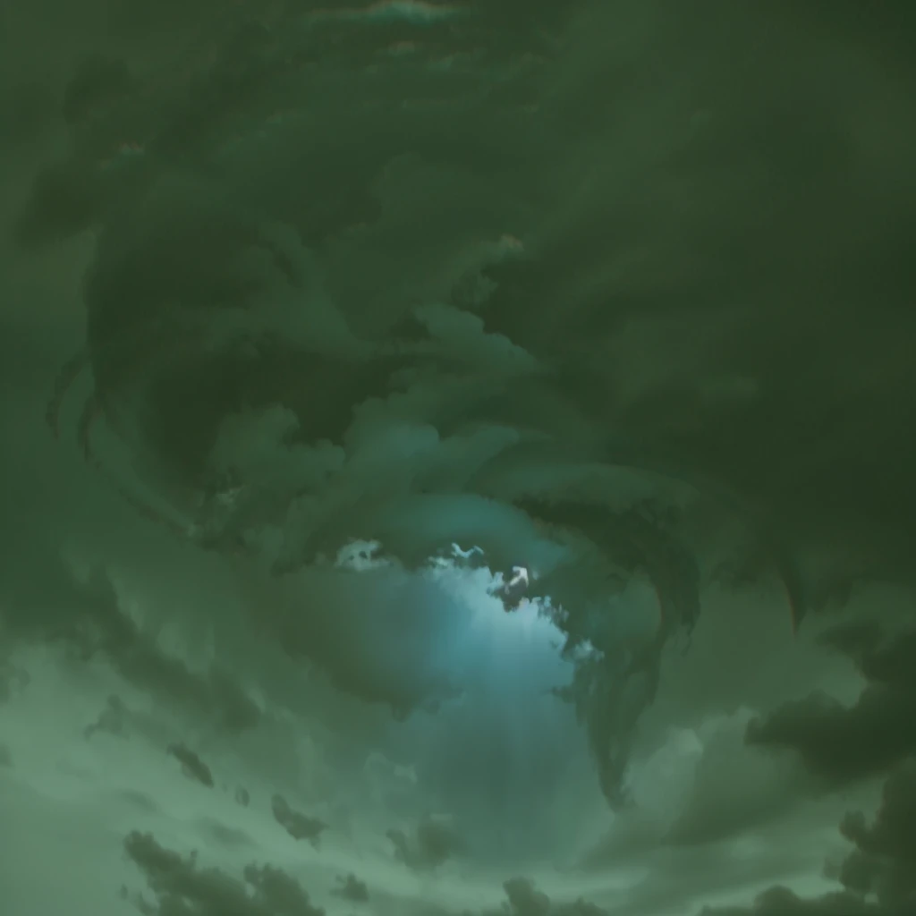 A black sky with dark clouds, glowing center in the middle of it, and an ethereal whirlwind spiraling around it, The design is simple and minimalistic with high contrast in the style of hyper realistic renders made with the unreal engine and octane render